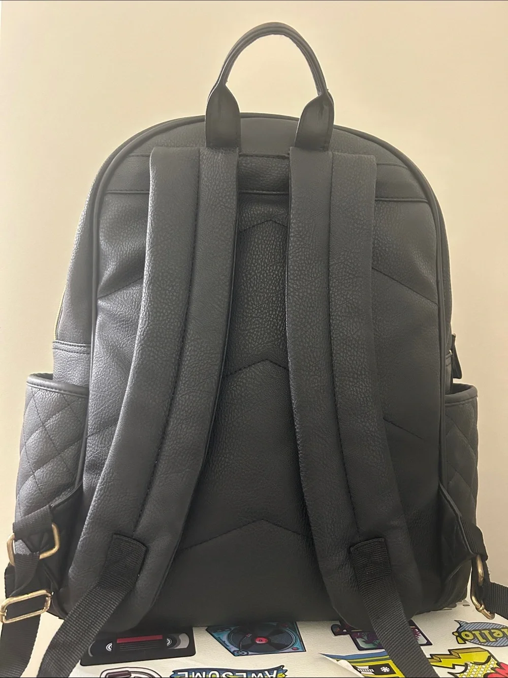 Nicole Miller Black Quilted Backpack with Gold Accents